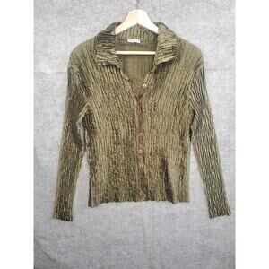 Jolie Mine Size Medium Olive Green Button Up Crinkle Blouse Made In France